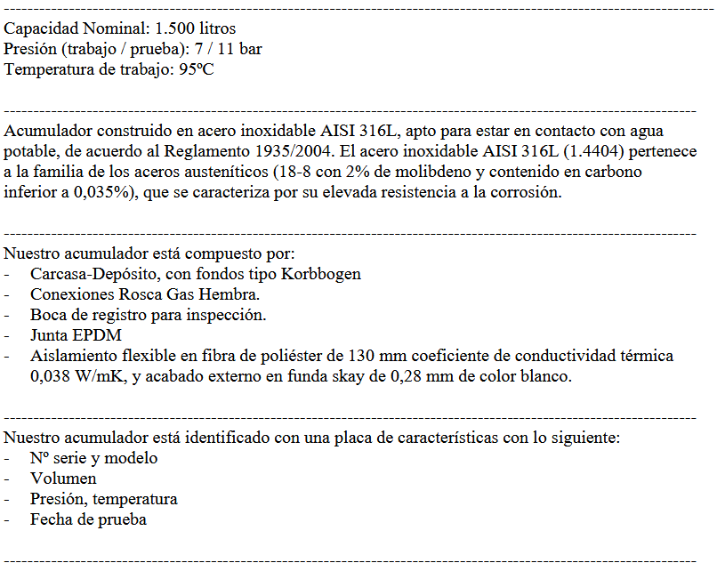 Especificaciones técnicas del Acumulador ACS INOX PREMIUM SUICALSA DAB150X07RFP